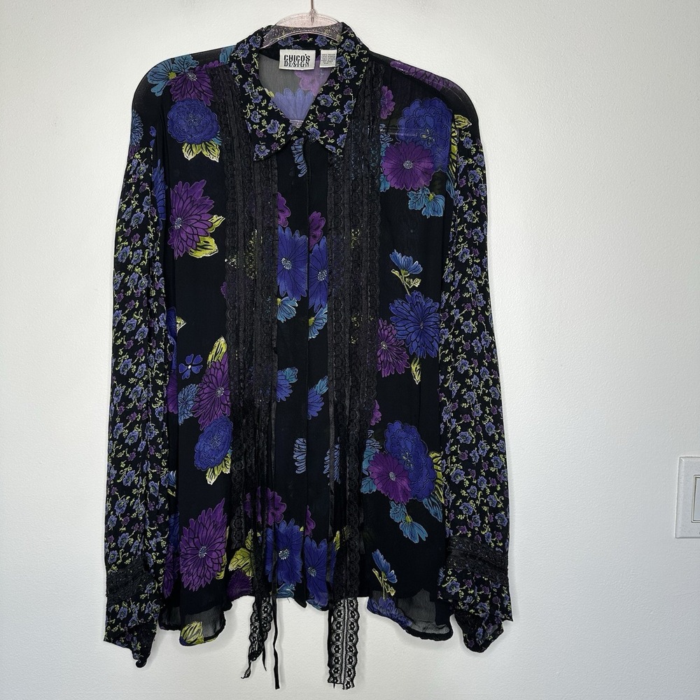 Vtg Chicos‎ Whimsigoth Sheer Tunic Shirt Size M Black Lace Floral Relaxed